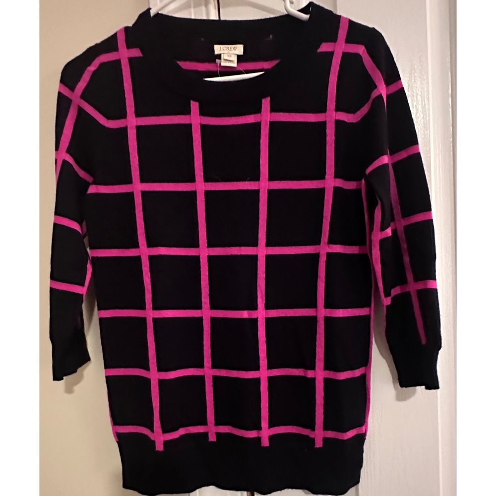 J Crew  Womens XS Black Pink Grid 3/4 Sleeve Sweater‎ Top NWT